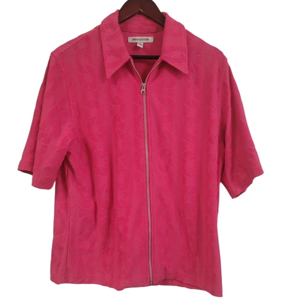 Urban Outfitters Zip Up Terry Short Sleeve Shirt Jacket Medium Textured Pink - Picture 2 of 5
